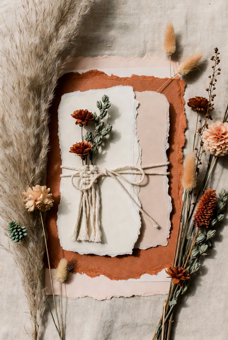 Boho wedding suite with pampas grass and sunset tones