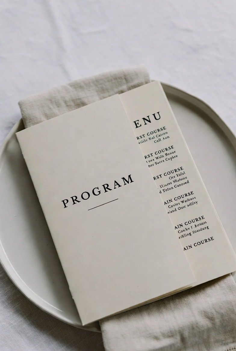 Wedding program and menu on white plate with linen napkin