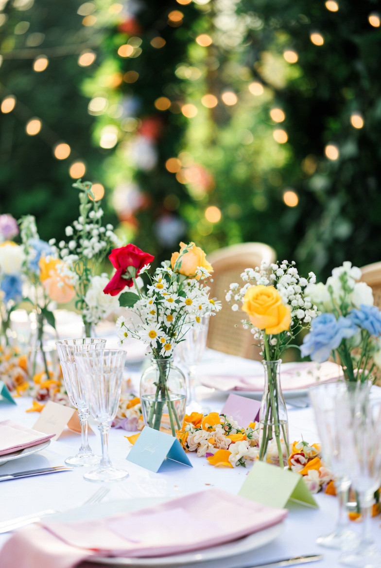 Colorful garden party table setting