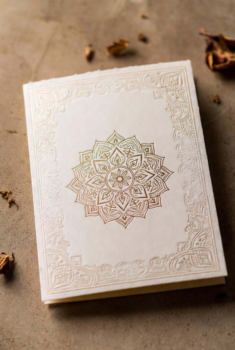Ornate wedding invitation with mandala pattern