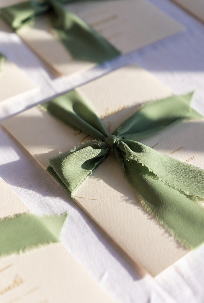 Elegant wedding invitations on cream table with sage ribbon